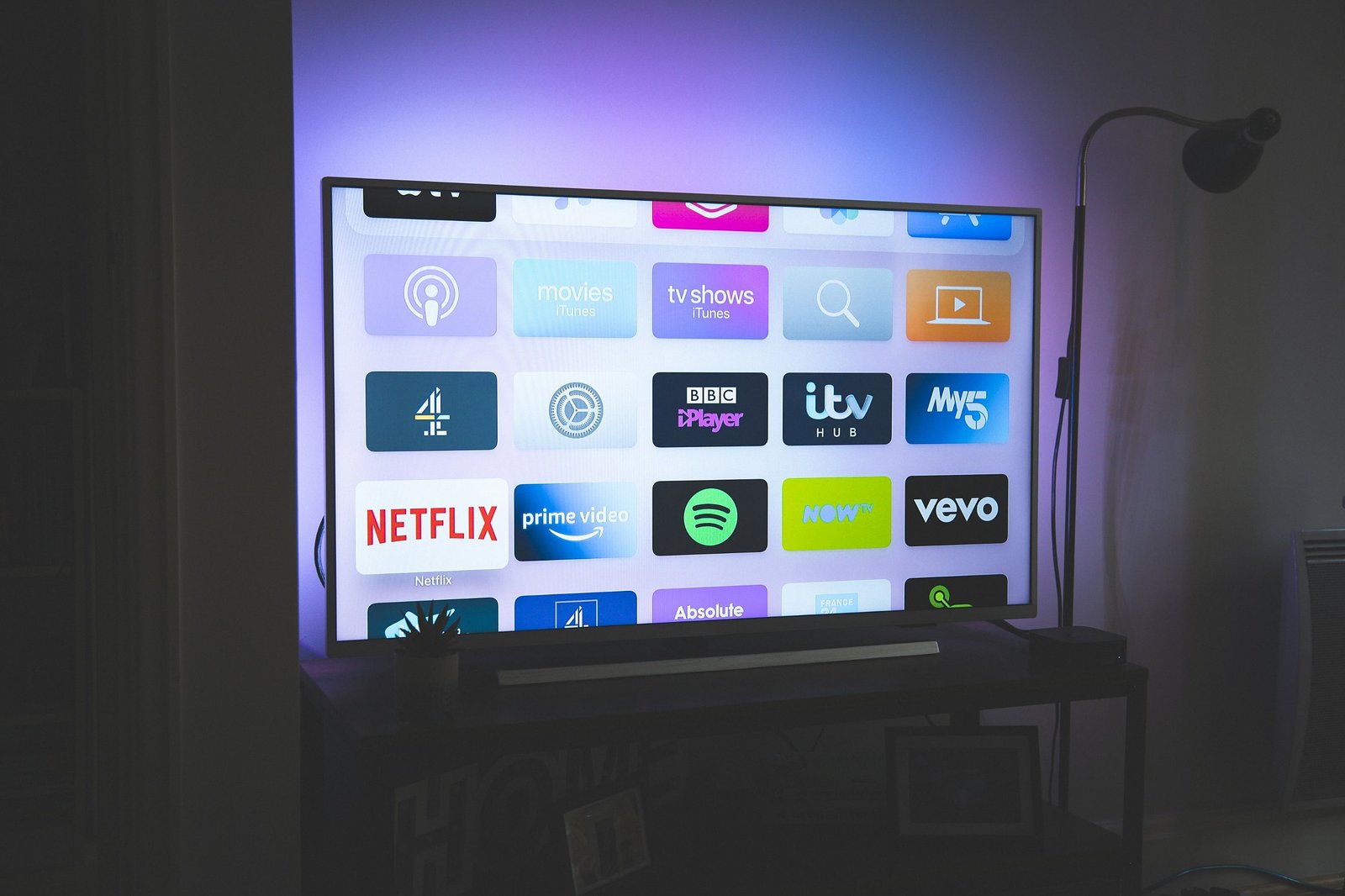 Smart TV showing streaming apps in a living room